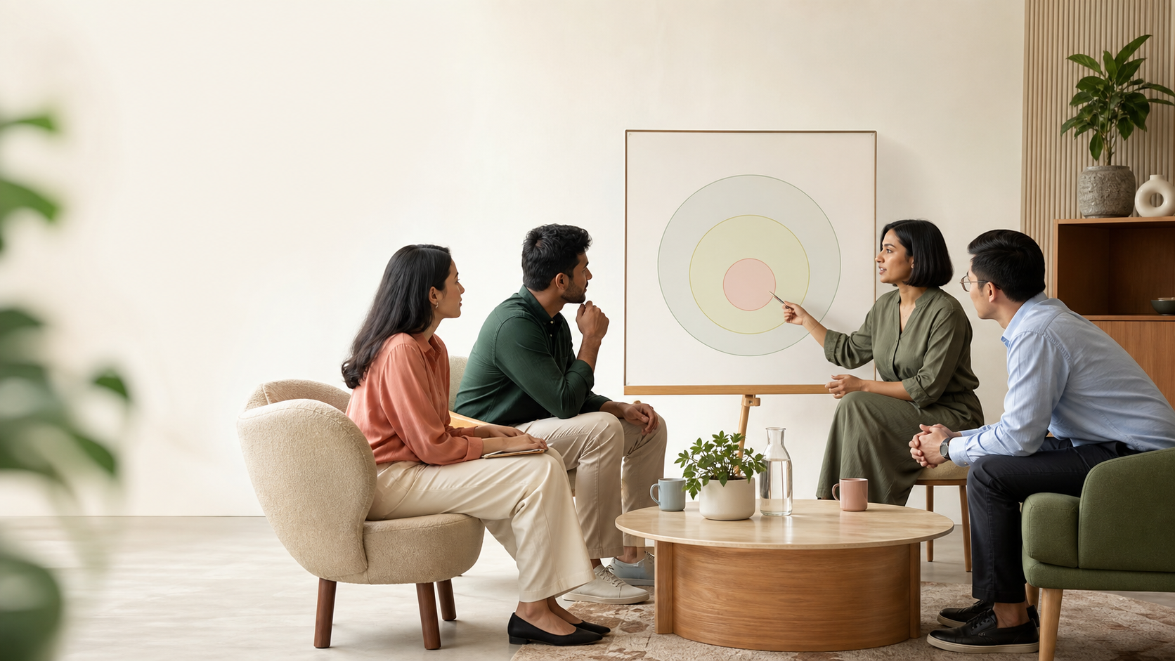 Illustrative privacy practitioners and a recruiter in a calm professional conversation.